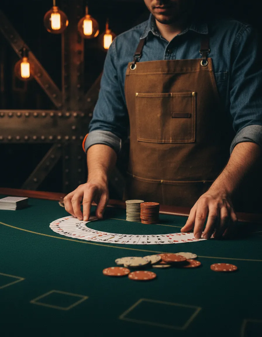 A croupier in a canvas work apron fanning cards across green felt beside unmarked chips