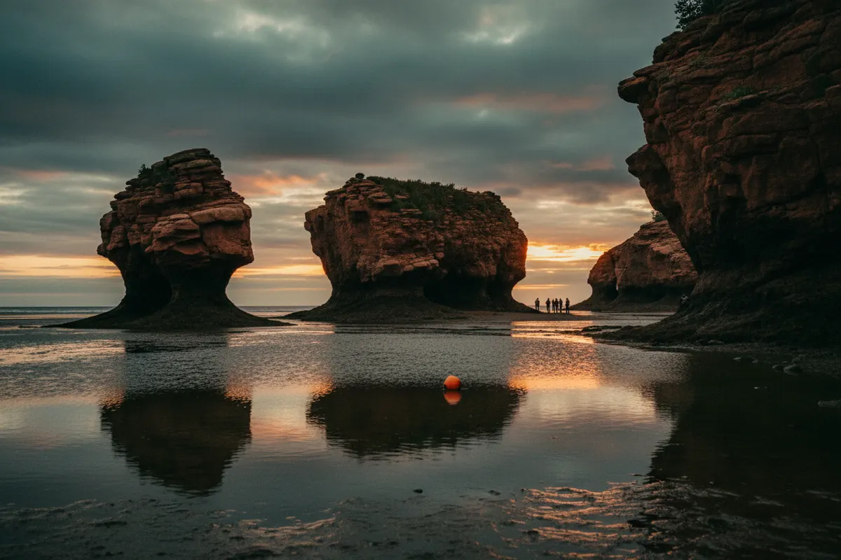 The Hopewell Rocks sea stacks on the Bay of Fundy at low tide at dusk