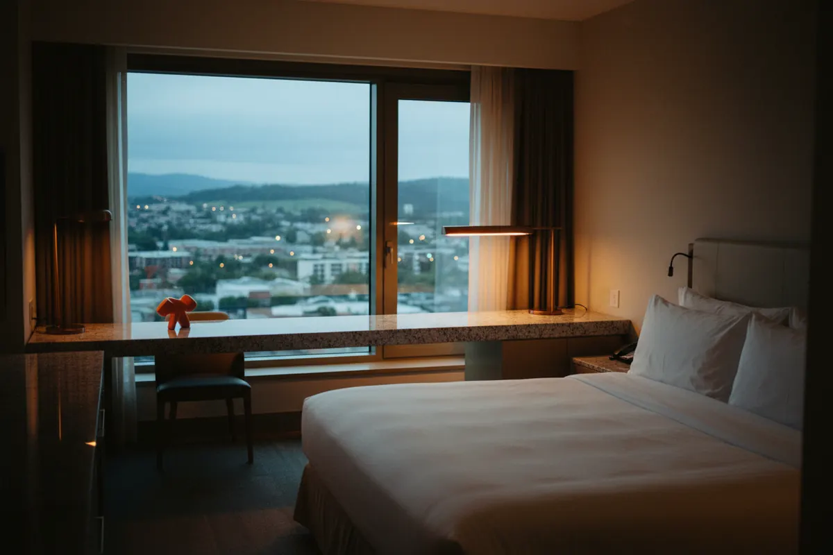 A calm hotel room with a king bed and a wide window over a small city at dusk
