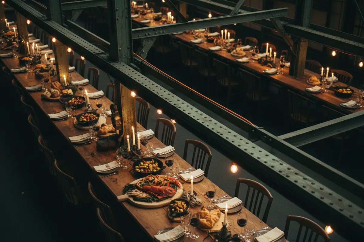 A long supper table under steel girders, set with candles and shared dishes